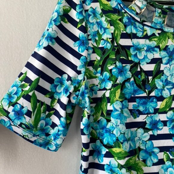 Rafaella Size L Black/White Stripe Cut Out Floral Top - Picture 5 of 16